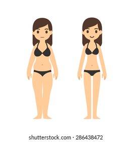 Cute cartoon woman in underwear with two body types: chubby and slim. Weight loss before and after illustration.