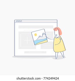 Cute cartoon woman uploading photography, share her photo, post photo on website, make portfolio, post in a social network page. Outline  vector icon of content management, adding content to website