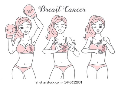 cute cartoon woman wear boxing gloves with breast cancer on white background