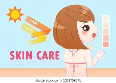 cute cartoon woman wear sunscreen on the blue background