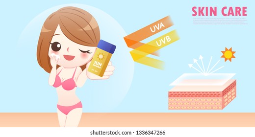 cute cartoon woman wear sunscreen on the blue background