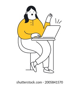 A cute cartoon woman is working with a laptop. Workspace, remote work, distant communication, freelancer at work. Thin line vector illustration on white.