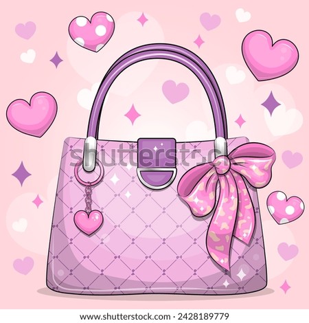 Cute cartoon woman's handbag. Vector illustration of a girl accessory on a pink background with hearts.