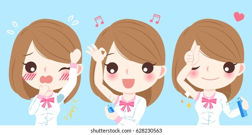 cute cartoon women with body odor on blue background