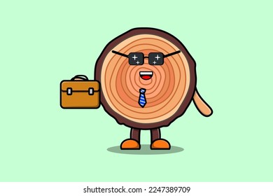 Cute cartoon Wood trunk businessman character holding suitcase illustration