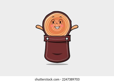 Cute cartoon Wood trunk character coming out from pocket look so happy