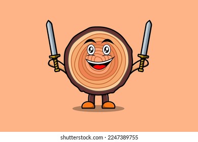 Cute cartoon Wood trunk character holding two sword in 3d modern design illustration