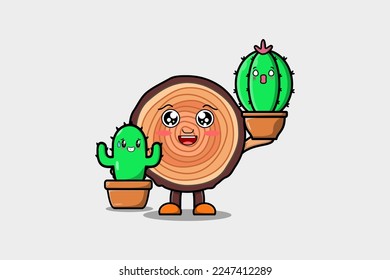 Cute cartoon Wood trunk character holding cactus plant in pot vector icon illustration