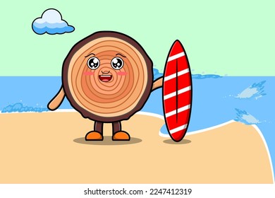 Cute cartoon Wood trunk character playing surfing with surfing board