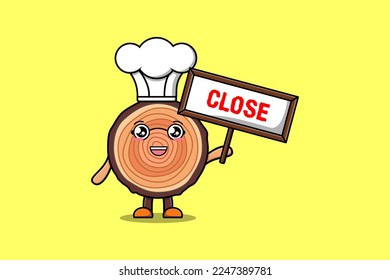 Cute cartoon Wood trunk chef character holding close sign board designs in flat cartoon style