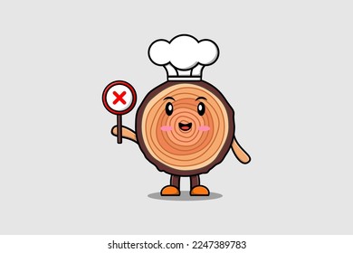 cute cartoon Wood trunk chef holding wrong sign board in vector character illustration
