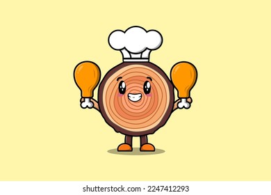 Cute cartoon Wood trunk chef character holding two chicken thighs in flat cartoon style illustration