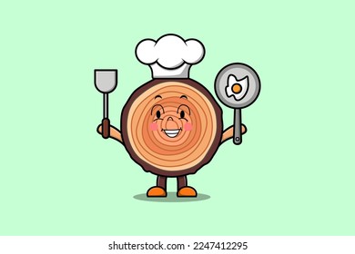 Cute cartoon Wood trunk chef character holding pan and spatula in flat cartoon style illustration