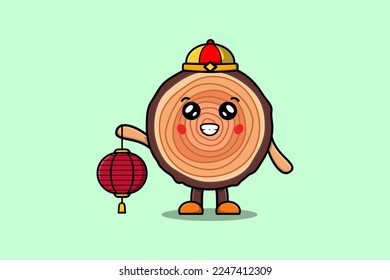 Cute cartoon Wood trunk chinese character holding lantern in vector icon illustration