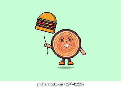 Cute cartoon Wood trunk floating with burger balloon in flat cartoon vector icon illustration