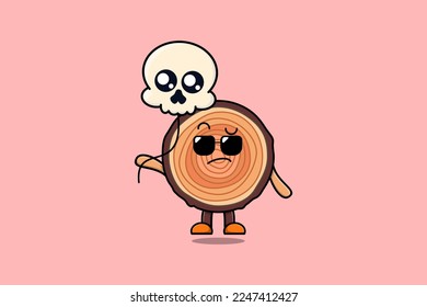 Cute cartoon Wood trunk floating with skull balloon in flat cartoon vector icon illustration