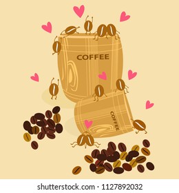 Cute cartoon wooden canakin bucket and funny coffee bean with heart on brown background,illustration vector doodle comic art.