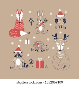 Cute cartoon woodland animals in scandinavian style. Christmas set of funny characters on kraft background. Flat vector illustartion.