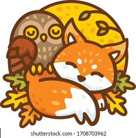 Cute cartoon woodland fox and owl animal badge
