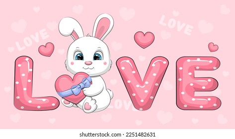 Cute cartoon word Love with a white rabbit holding a heart. Vector illustration with an animal on a pink background with hearts.