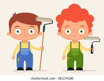 Cute Cartoon Workers Holding Rollers. Vector Illustration