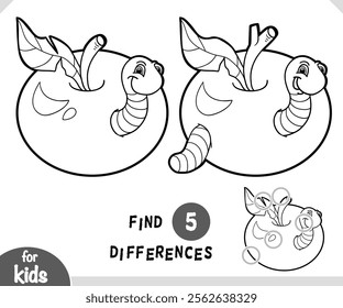 Cute cartoon worm and apple. Find differences black and white educational game for children