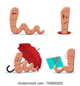 Cute cartoon worm with a book and an umbrella. Vector illustration of a funny earthworm character set isolated on a white background.