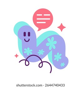 Personagem de worm de desenho animado bonito com balão de fala em cores pastel brilhantes representa conceito de comunicação alegre