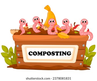 Cute cartoon worm characters having fun in box for organic garbage, recycling spoiled food, composting concept for kids