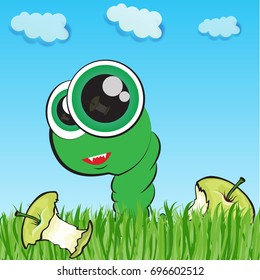 Cute cartoon worm eating apples