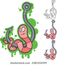 Cute cartoon worm fishing bait and hook illustration, suitable for t-shirt and sticker design, eps 10, editable.