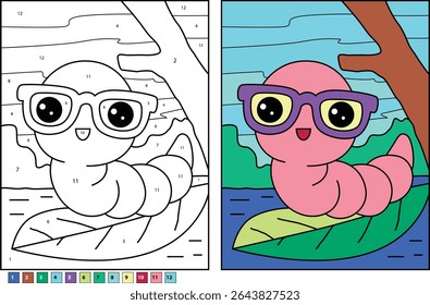 Verme de desenho animado bonito em óculos em uma folha. Página de coloração com números e versão de cor concluída para a atividade das crianças.