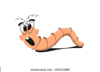 Cute cartoon worm with glasses and scared face. Funny pink earthworm character isolated on white background. Vector illustration