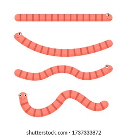 Cute cartoon worm set vector illustration isolated on white. 