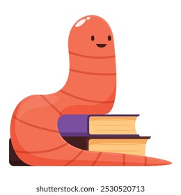 Cute cartoon worm smiling after finishing reading a stack of books