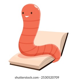 Cute cartoon worm smiling and reading a book, a funny illustration about the joy of reading