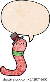adorable gusano de dibujos animados con burbuja de voz en estilo de textura retro