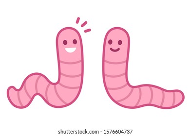 Cute cartoon worms drawing. Two little earthworm talking and smiling. Isolated vector clip art illustration.