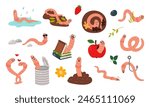 Cute cartoon worms. Earthworm with book, apple and soil. Funny worm looks out metal can and sleep in rain puddle. Insect mascots classy vector set