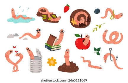 Cute cartoon worms. Earthworm with book, apple and soil. Funny worm looks out metal can and sleep in rain puddle. Insect mascots classy vector set