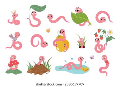 Cute cartoon worms. Cute worm with pear leaf berry, looking from in soil pile, sitting on mushroom. Wild garden insects, nowaday vector creatures set