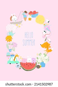Cute Cartoon Wreath with Animals meeting Summer