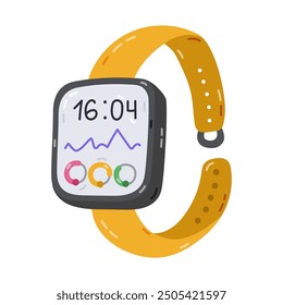 Cute cartoon wrist smart watch and fitness tracker showing day activity, steps, heartbeat. Intelligence device with display and silicone bracelet. Electronic hand accessory from Internet of things.