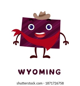 Cute cartoon Wyoming state character clipart. Illustrated map of state of Wyoming of USA with state name. Funny character design for kids game, sticker, cards, poster. Vector stock illustration.