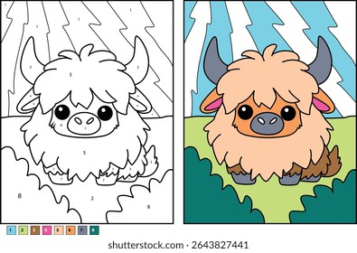 Iaque de desenho animado bonito com casaco peludo longo de pé na natureza, ao lado de uma cor por modelo de número. Atividade educacional divertida para crianças, ilustração para colorir livros e aprendizagem.
