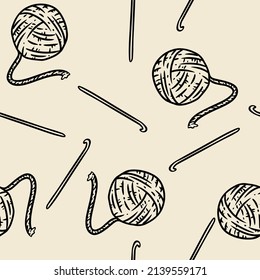 Cute cartoon yarn and crochet hook doodles seamless border pattern. Vector repeatable background tile. Cozy template of stock illustration for wrapping design, wallpaper
