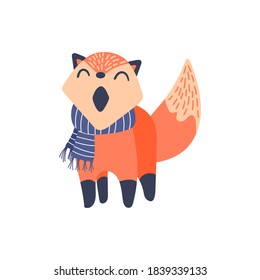 Cute cartoon yawning fox in simple naive style. Nice woodland animal with scarf isolated on white background. Vector illustration.