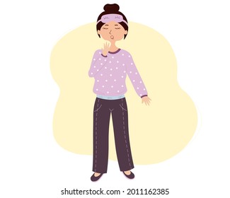 Cute cartoon yawning girl in pajama 