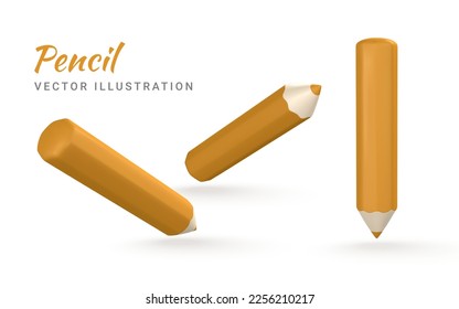 Cute cartoon yellow 3d pencil. Wooden pencil for writing and drawing. Vector illustration.