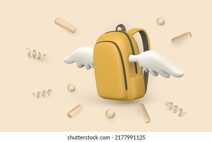 Cute cartoon yellow backpack with wings and confetti. 3d realistic school bag. Back to school concept. Vector illustration.